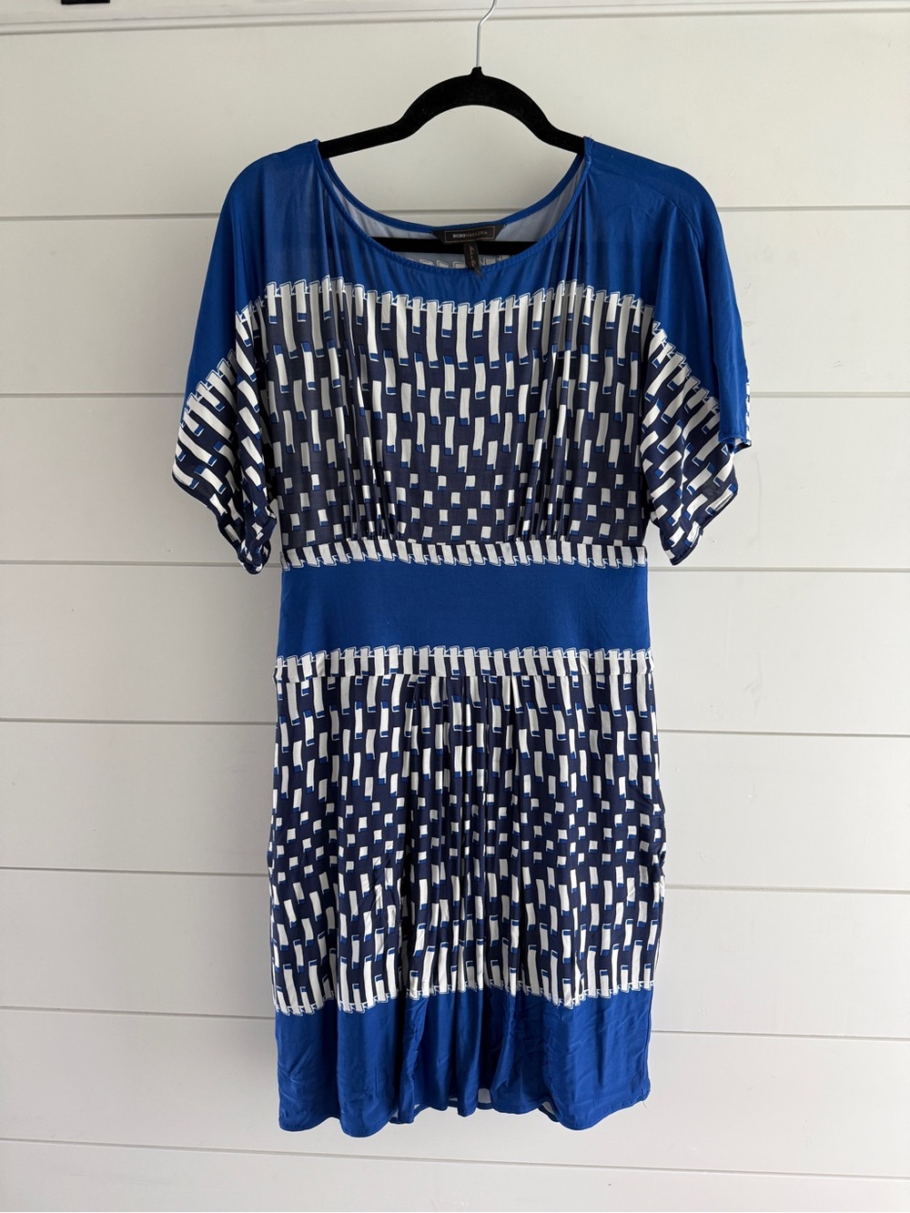 BCBGMaxAzria Blue and White Patterned Mini Dress, Size Medium